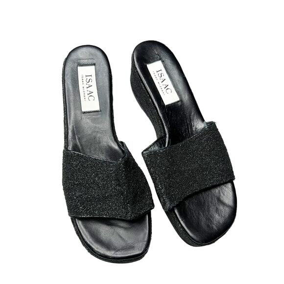 Isaac Isaac Mizrahi Black Platform Wedge Sandals Sparkle Italian Leather Sz 10B - Picture 1 of 8
